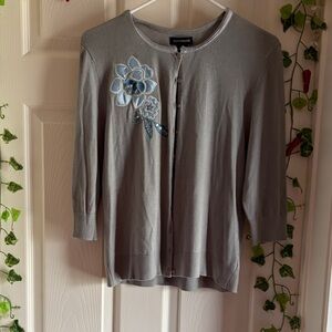 Coldwater Creek Gray Cardigan with Blue Floral Detail